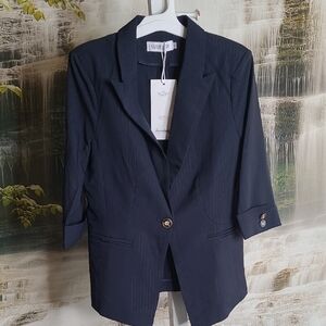 NWT! SusieLady Womens Small sharp navy blue pinstripe business jacket blazer